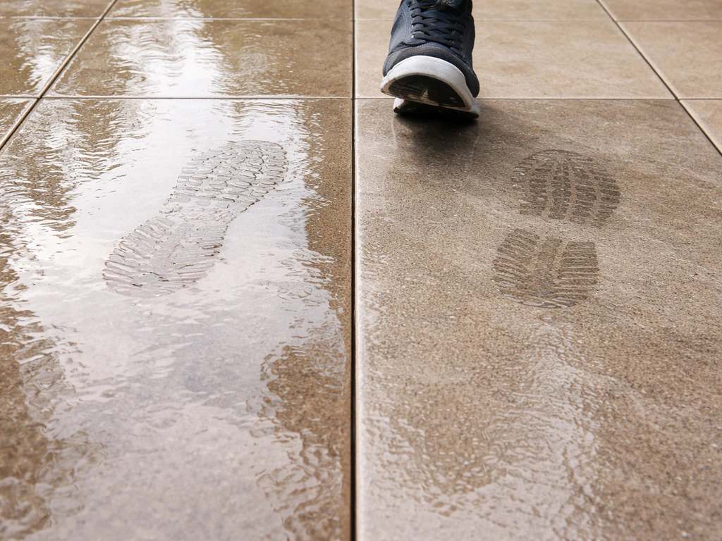 Side-by-side wet patio finishes: glossy area looks slicker; satin area shows better traction and grip marks.