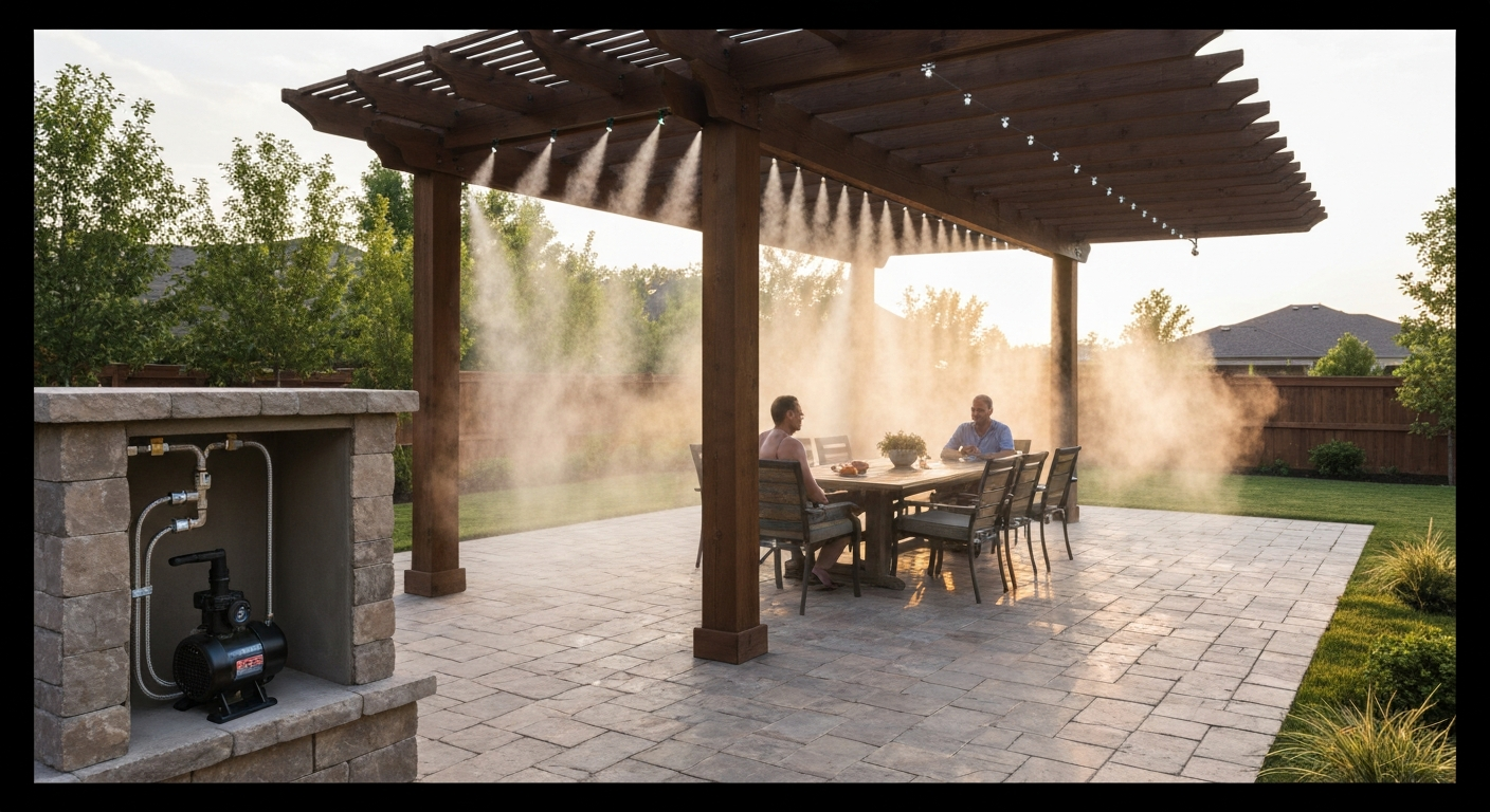 Photo-realistic covered patio with a high-pressure misting system: fine fog from stainless-steel nozzles along the pergola, people sitting comfortably and furniture dry, pump tucked in a shaded cabinet.