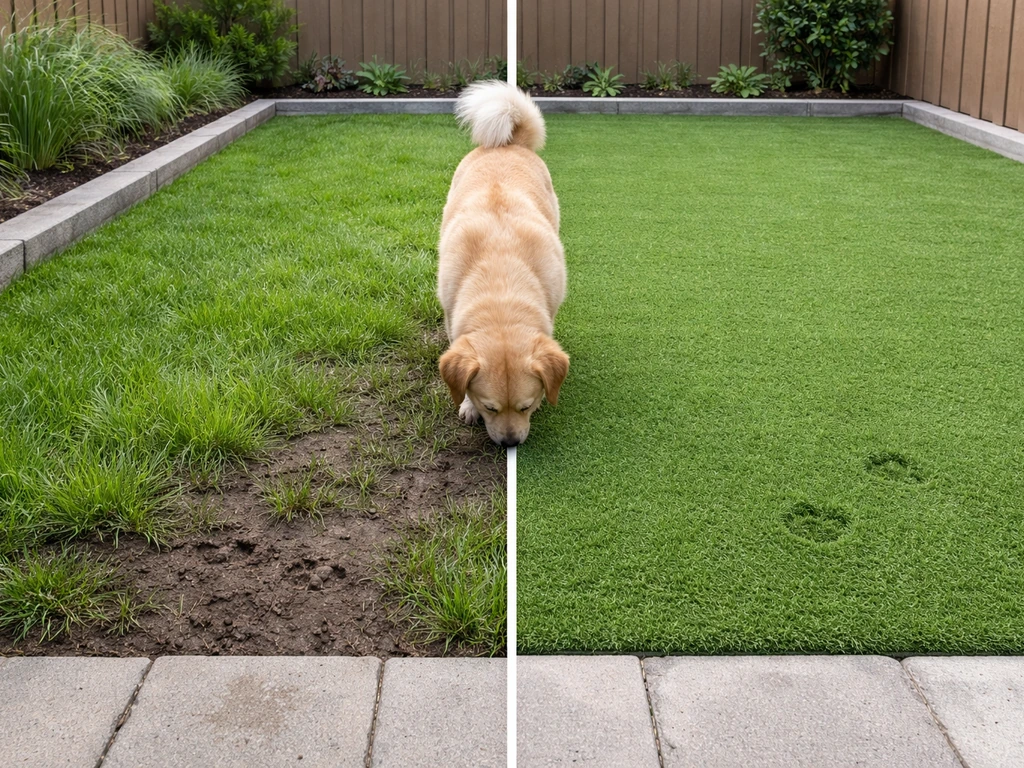 Split patio showing live grass with muddy paw marks and artificial turf with faint impressions for a dog.