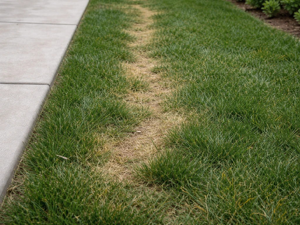 Patio-adjacent lawn with worn running paths and slightly yellowed grass patches from dog traffic and urine