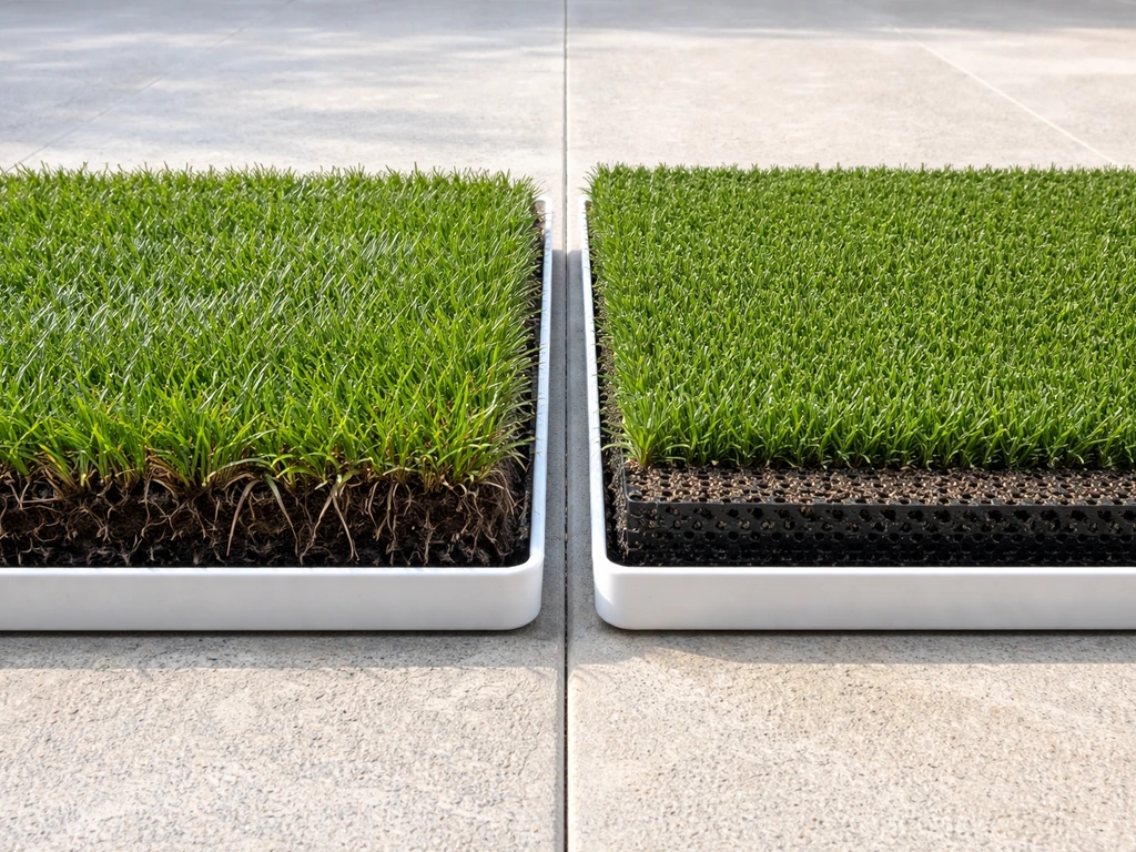 Two adjacent trays showing live grass with soil and irrigation runoff vs artificial turf with infill layers.