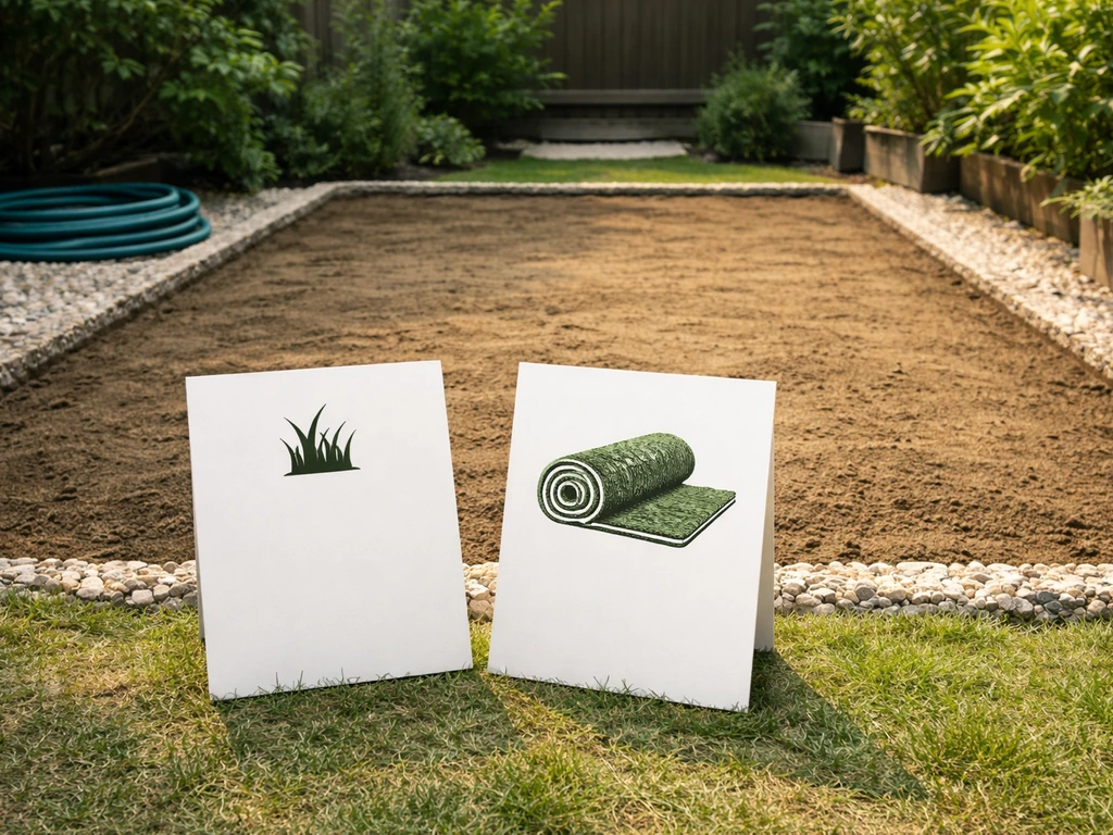 Patio base-prep scene showing two install options with placeholder placards for live sod vs artificial turf