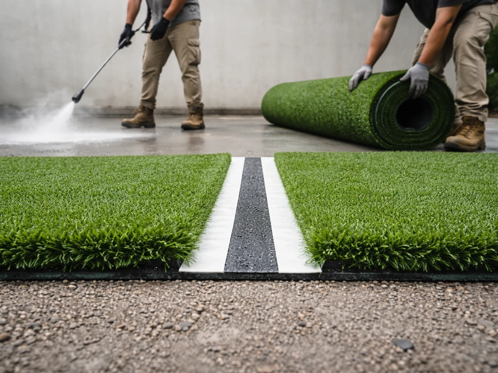 Workers pressure-wash a concrete base while positioning artificial turf seam pieces for installation.