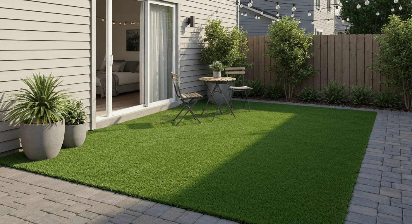 Small patio with artificial grass, bistro table, potted plants and warm late-afternoon lighting.