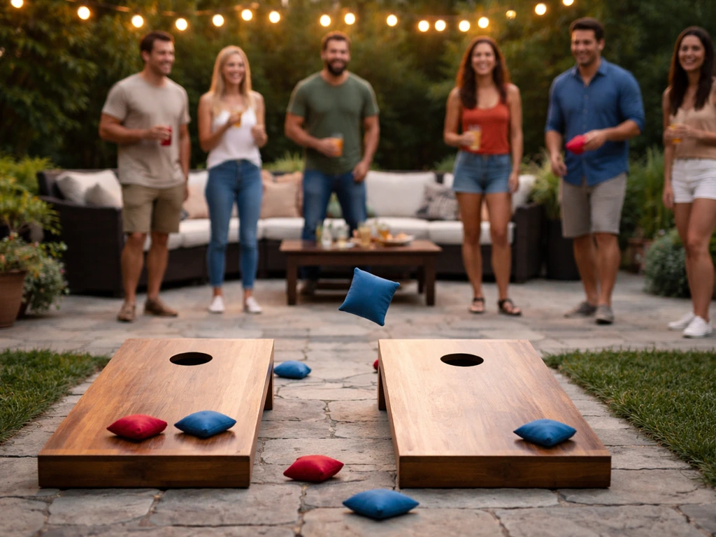Friends playing cornhole on a tidy outdoor patio with string lights in warm evening light