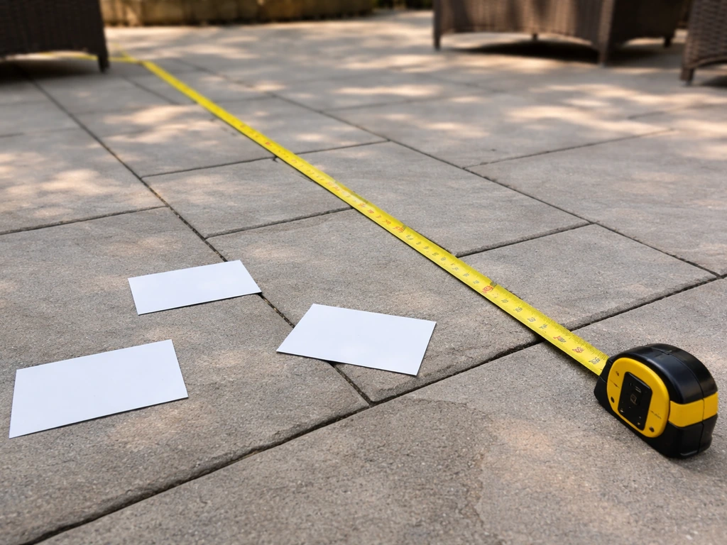 Tape measure laid over a patio floor with small cards indicating space planning and crowd flow.