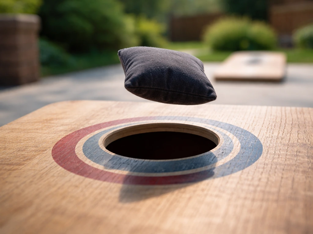 A bean bag hovers over a cornhole board’s 6-inch hole, about to land through it.