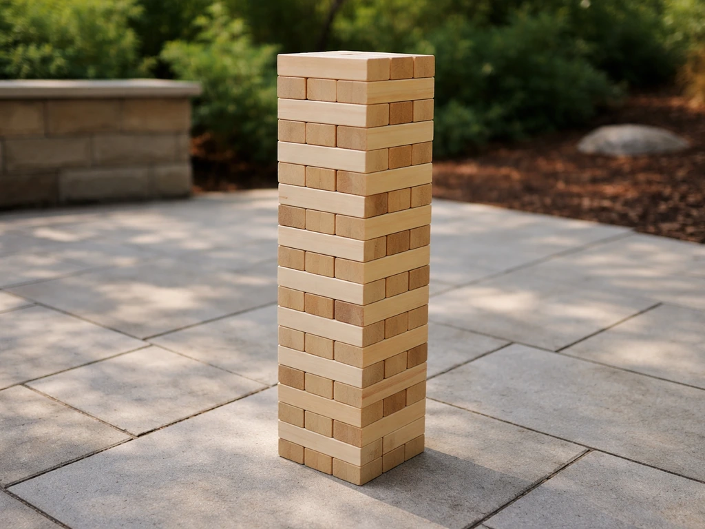 Upside-tumbling Jenga tower standing on a patio with open cleared space around it