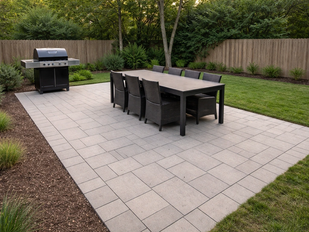 Clean rectangular backyard patio showing dining table spacing, grill at one end, and clear walkways.