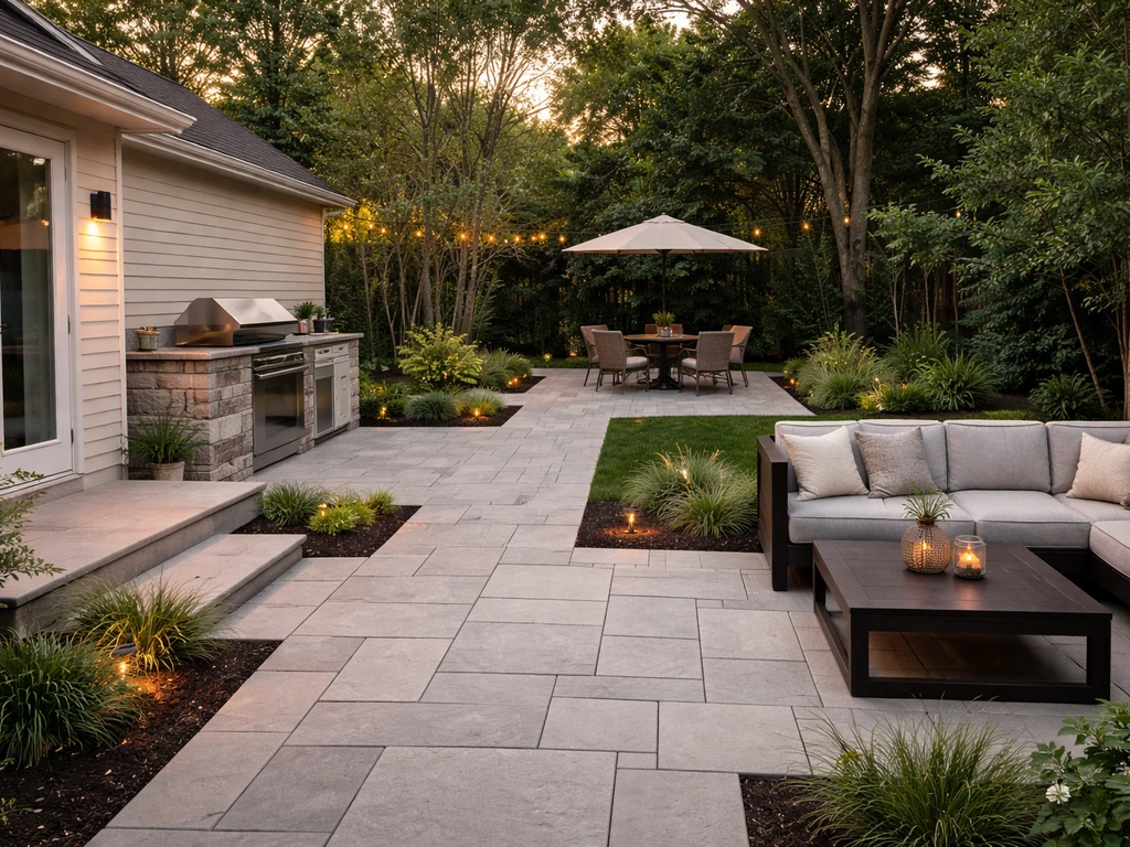 Wraparound patio showing separate dining, cooking, and lounge zones connected by a walkway.