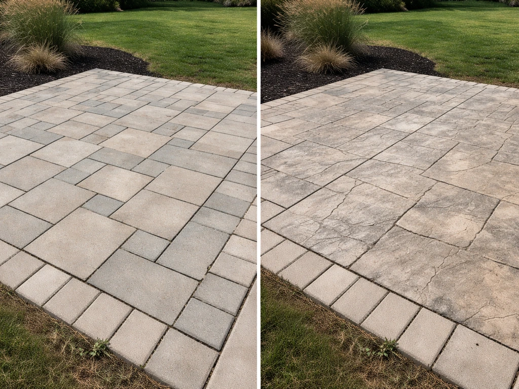 Side-by-side patio comparison: concrete pavers texture on one half, stamped concrete on the other.