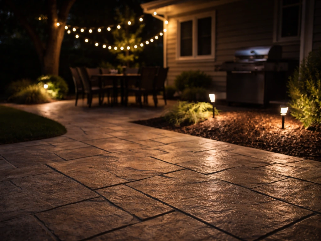 Night close-up of a patio with warm string lights and focused task lighting over stamped concrete.