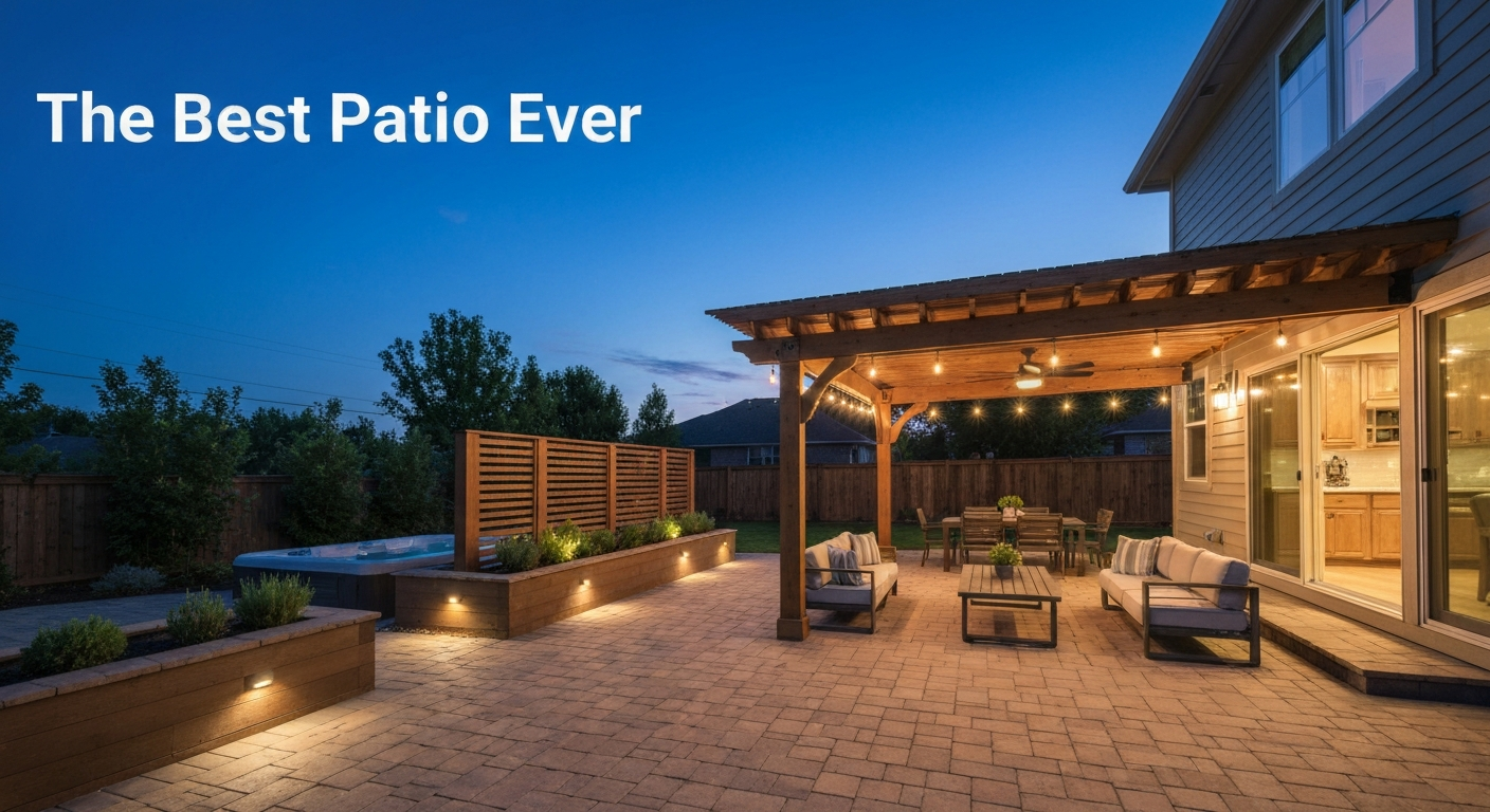 Twilight view of an inviting multi-zone patio with a pergola-covered dining area, lounge seating on pavers, raised planters, and a hot-tub niche—warm lighting and clear circulation paths.