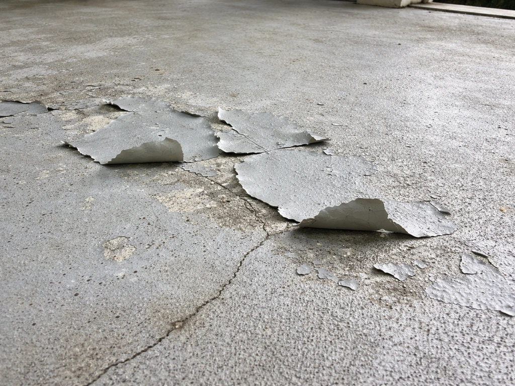 Close-up of porch patio coating with peeling paint and lifted edges over gray concrete.