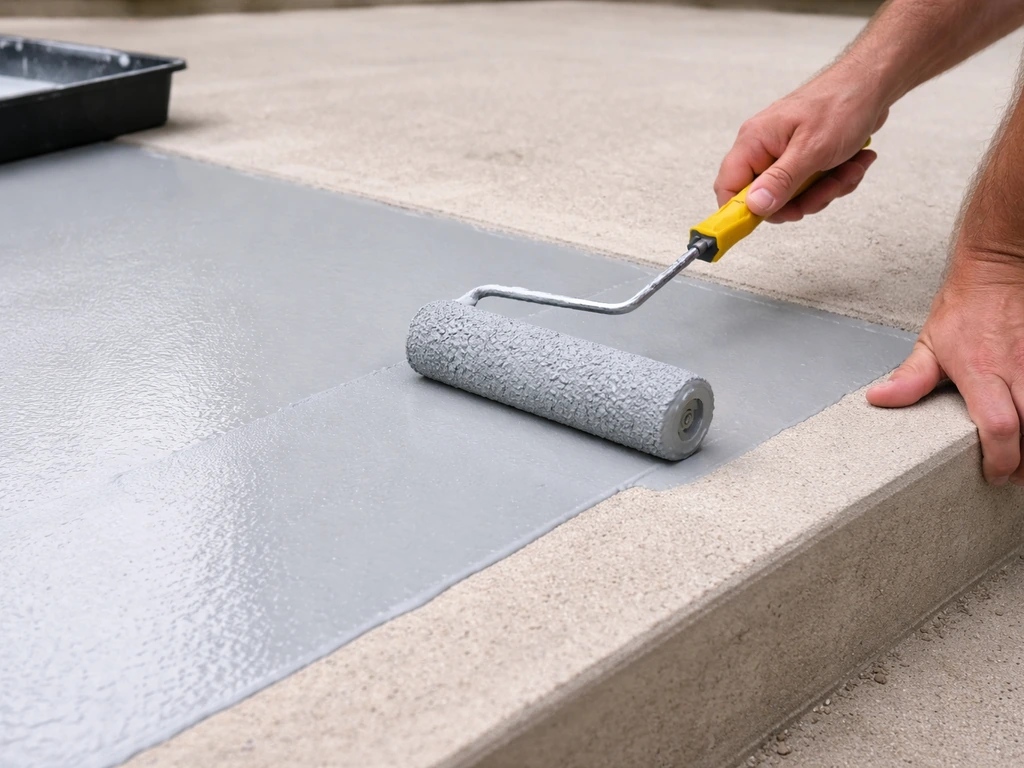 Person rolling porch floor paint near cut-in edges, showing wet paint and drying separation.