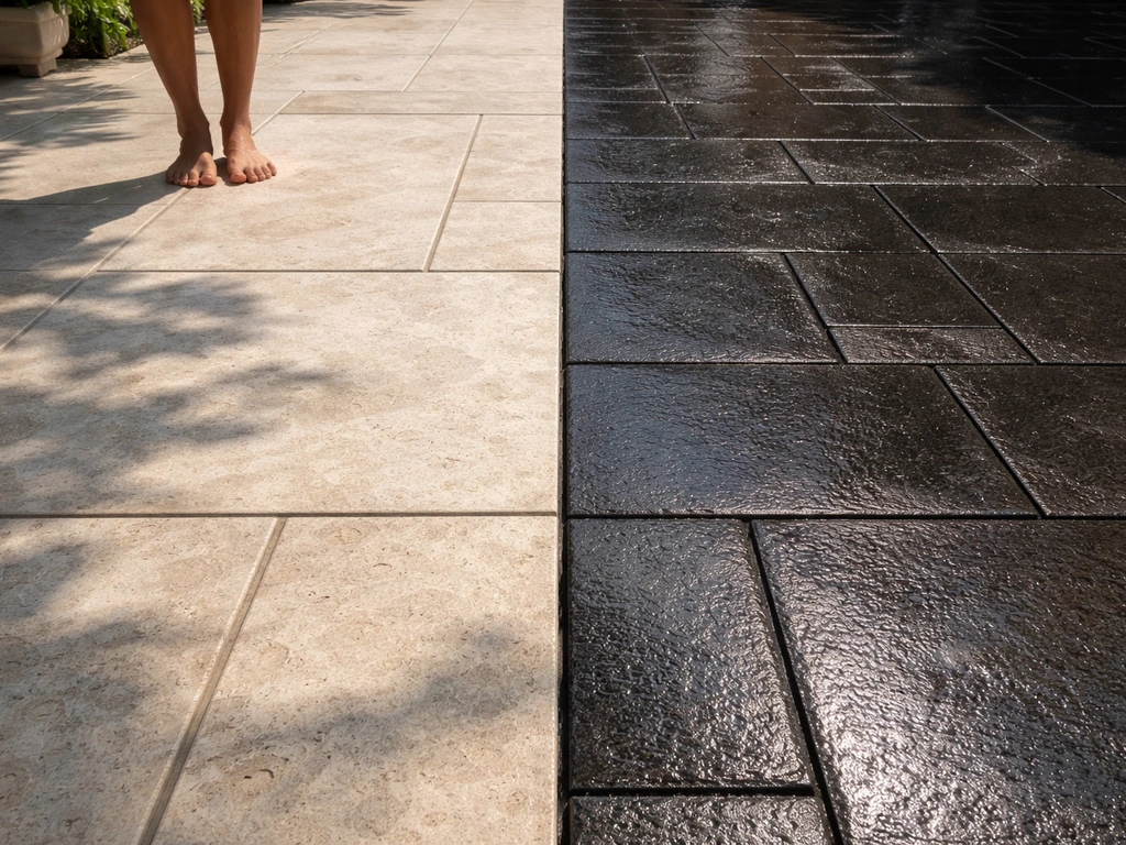 Adjacent light and dark patio stones in bright sun, showing clear cooler vs hotter appearance contrast.