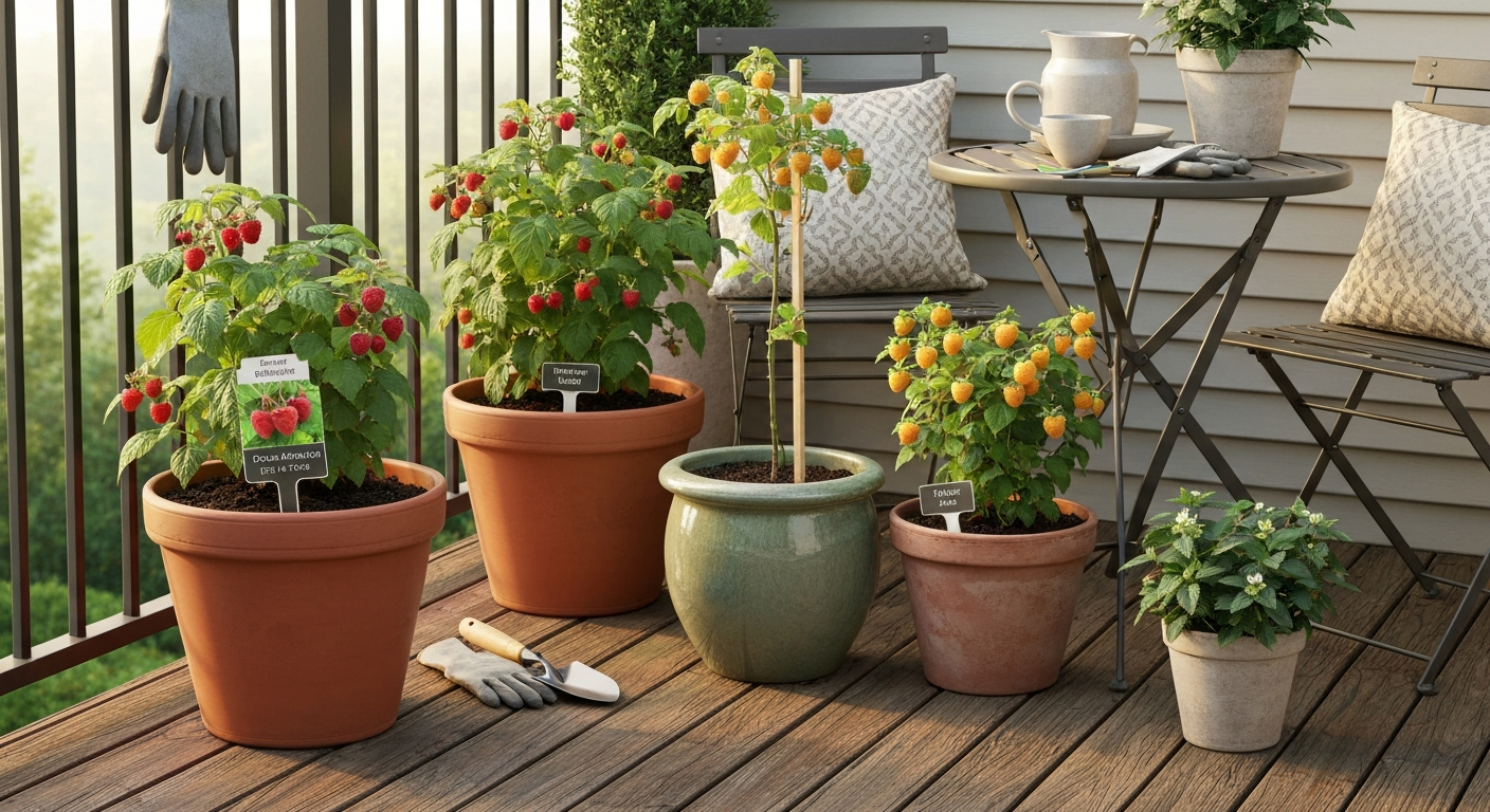 Sunlit patio with three container raspberry plants (dwarf, Heritage, and yellow 'Anne'), ripe fruit, pots, cushions and gardening tools