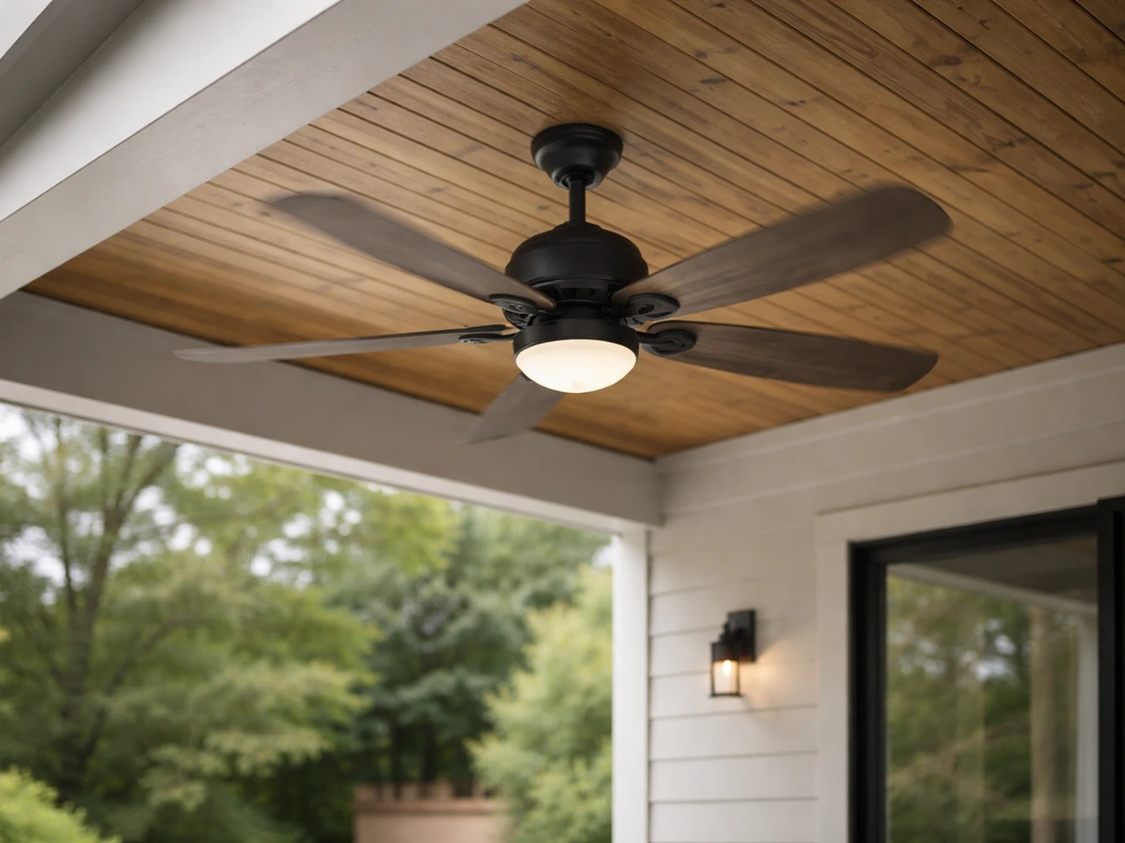Wet-rated outdoor patio ceiling fan under a covered roof, showing ceiling height for scale.