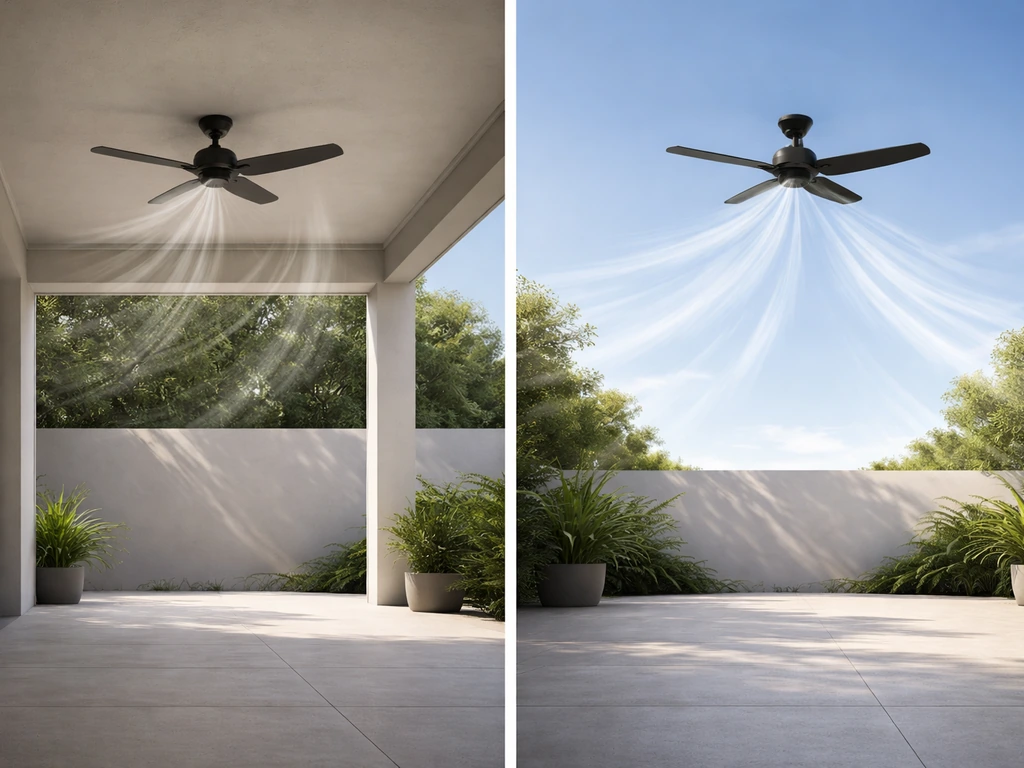 Split view of a covered patio fan with contained airflow versus an uncovered patio fan with outward breeze.