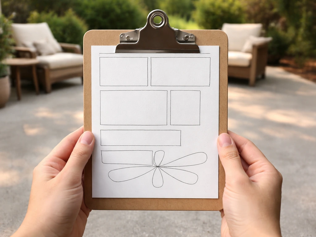 Minimal patio scene with an anonymous clipboard showing blank sizing cards, suggesting fan size recommendations