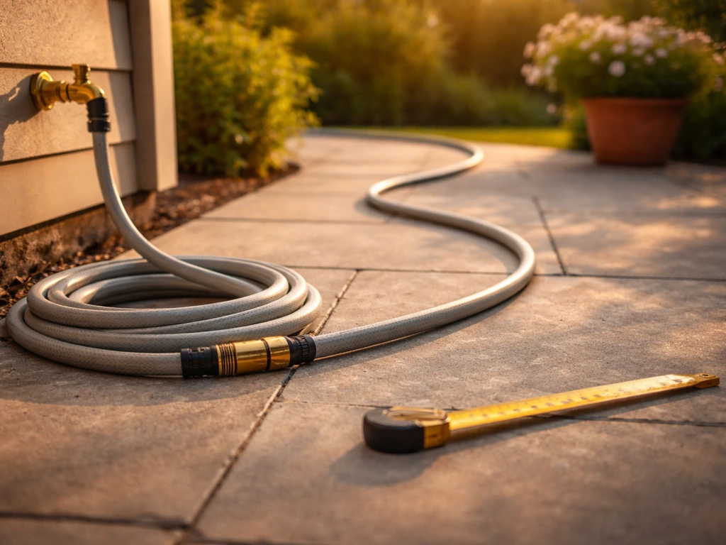 High-quality garden hose laid from patio spigot with measuring tape hinting at hose length choice