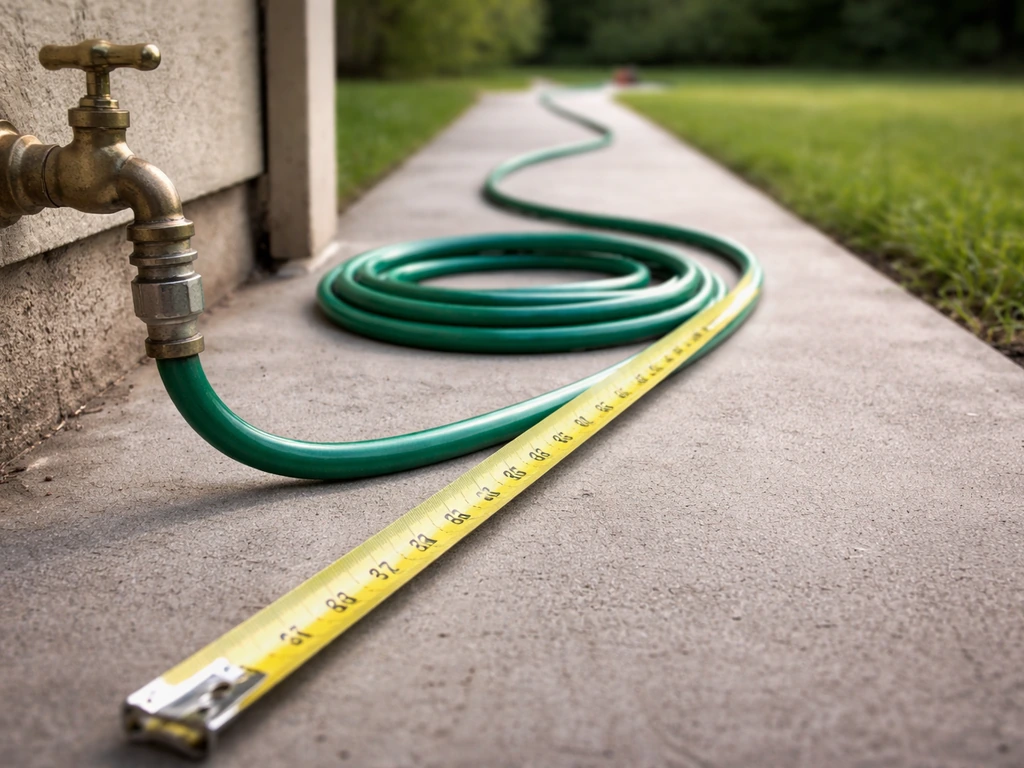 Close-up of outdoor spigot and tape measure showing hose length with slack on patio