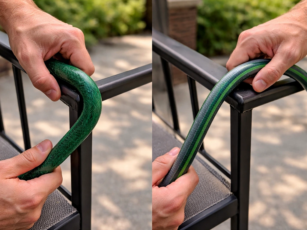 Hands bending two patio hoses around a chair corner—one kinks sharply, the other resists.