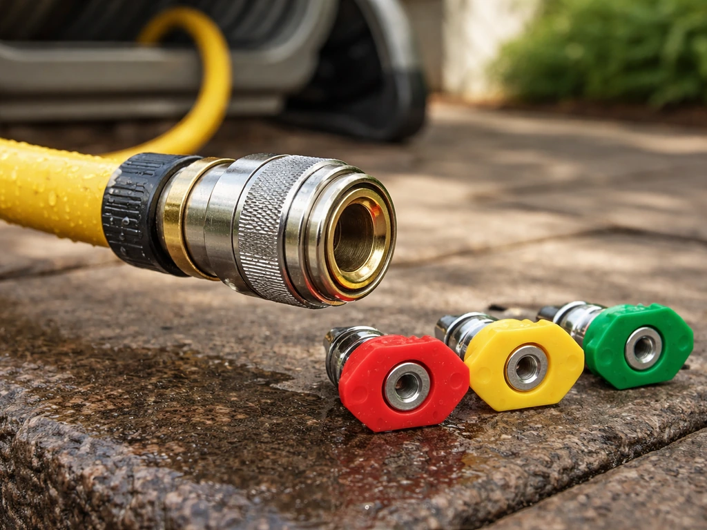 3/4-inch GHT-style garden hose end with clipped nozzle and interchangeable tips, close-up on patio.