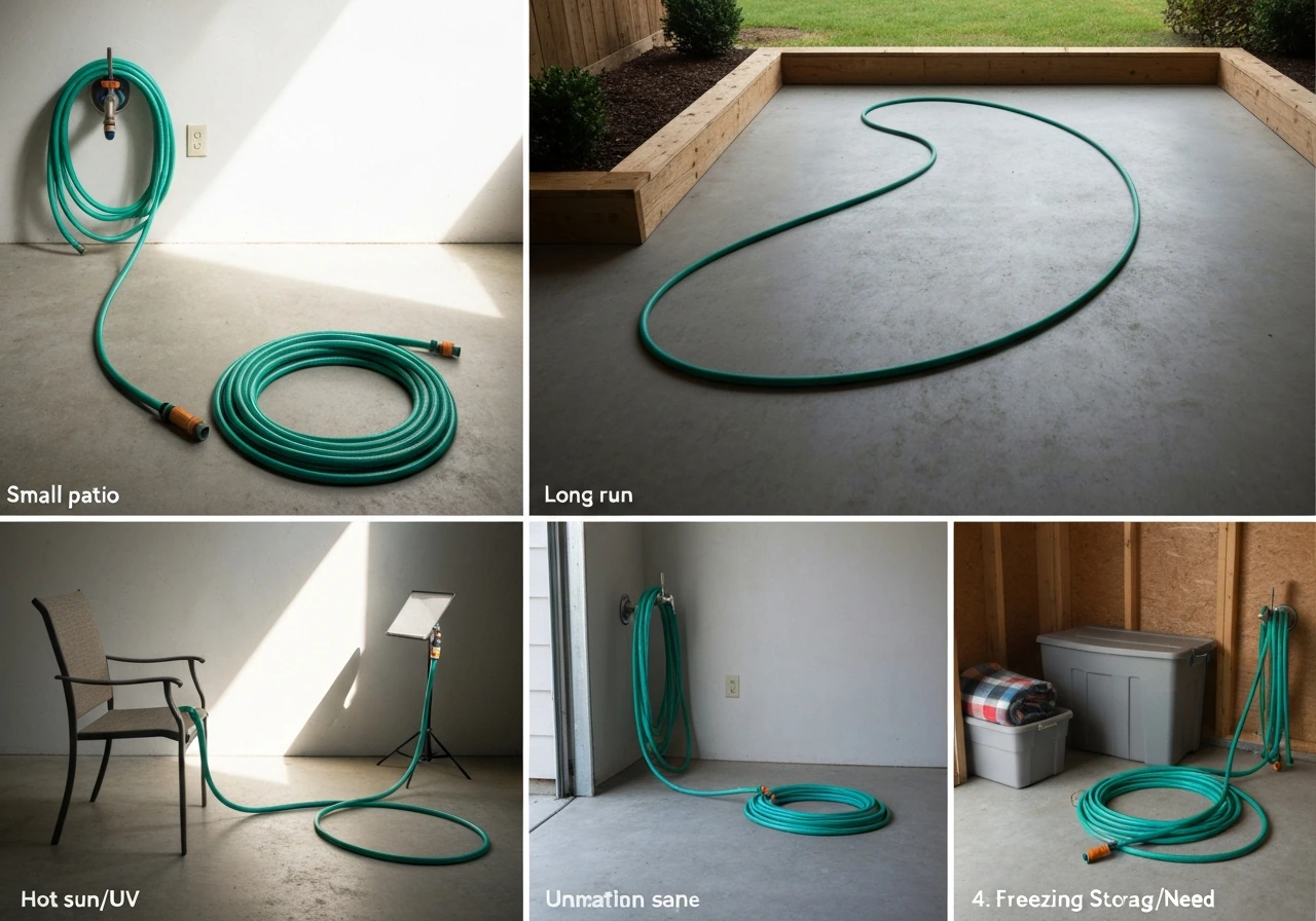 2x2 minimal patio hose vignettes for small patio, long run, hot sun, and freezing storage needs.