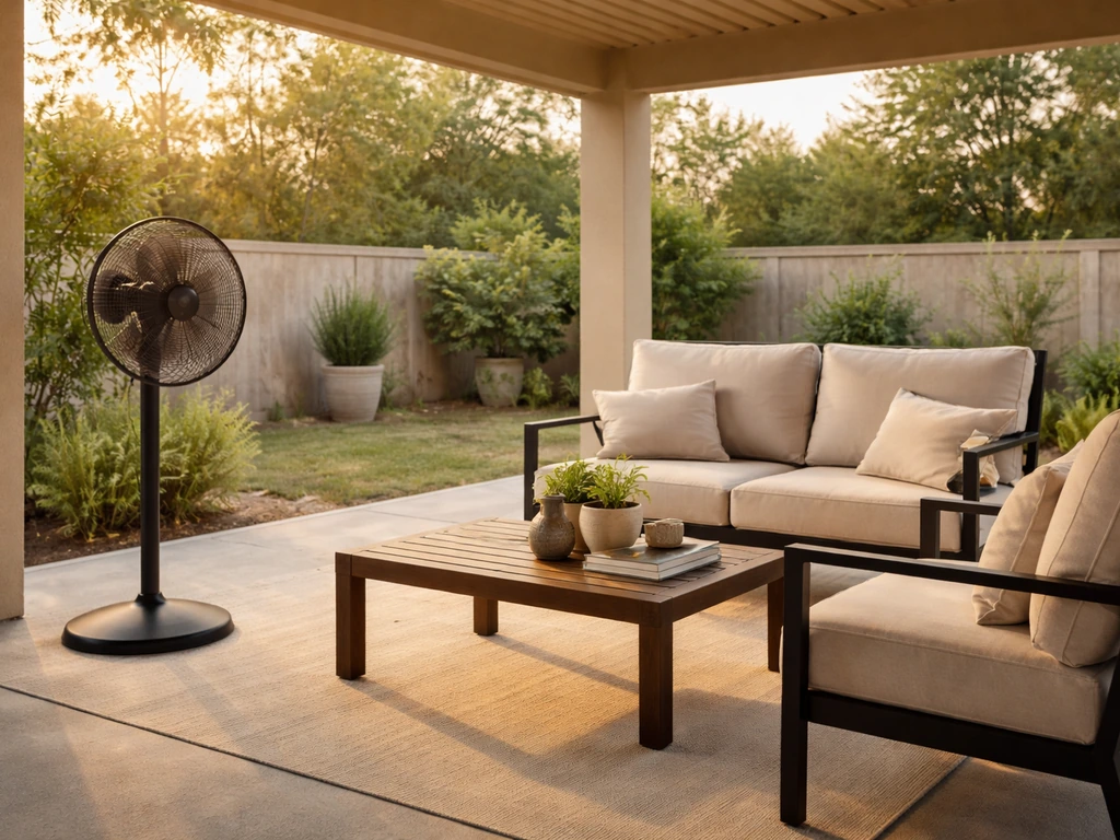 Covered patio seating cooled by an outdoor-rated fan gently blowing air on a warm evening