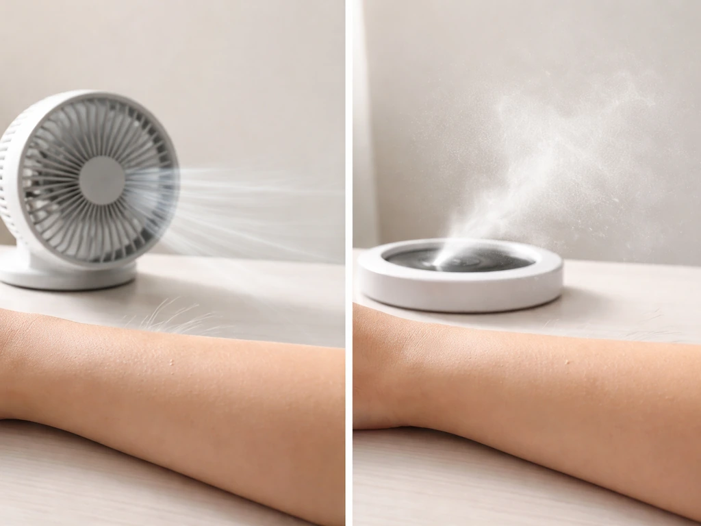 Close-up split view: fan airflow cools skin on one side, misting ring releases droplets on the other.