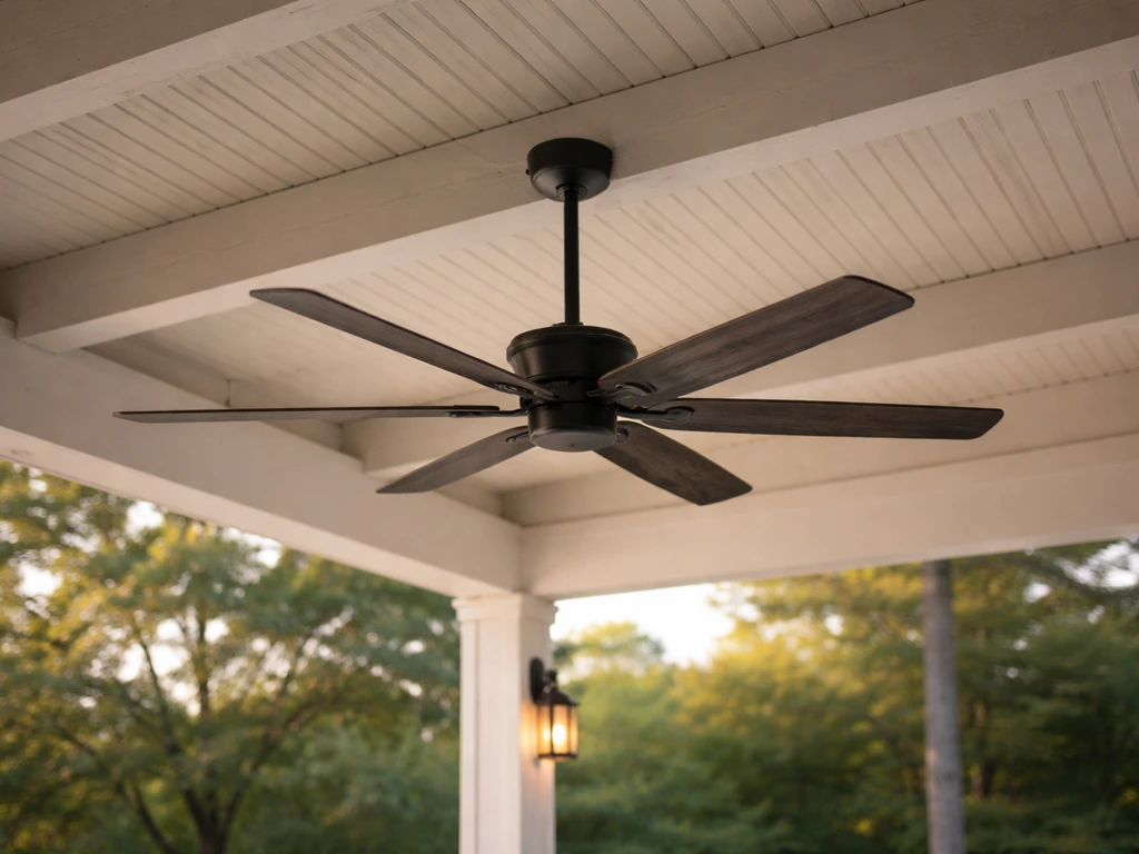 Outdoor ceiling fan mounted under a covered patio ceiling with blades clearly spanning the space.