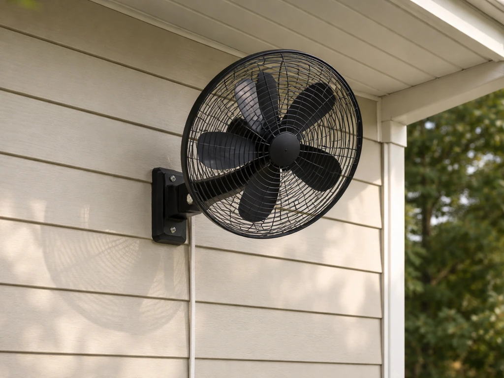 Wall-mounted outdoor fan on an exterior wall under a covered awning with clean setup details.