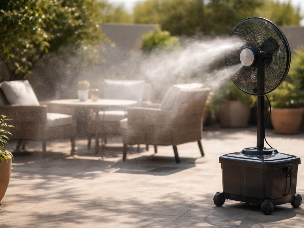 Outdoor misting fan blowing an evaporating mist plume across a quiet patio seating area.