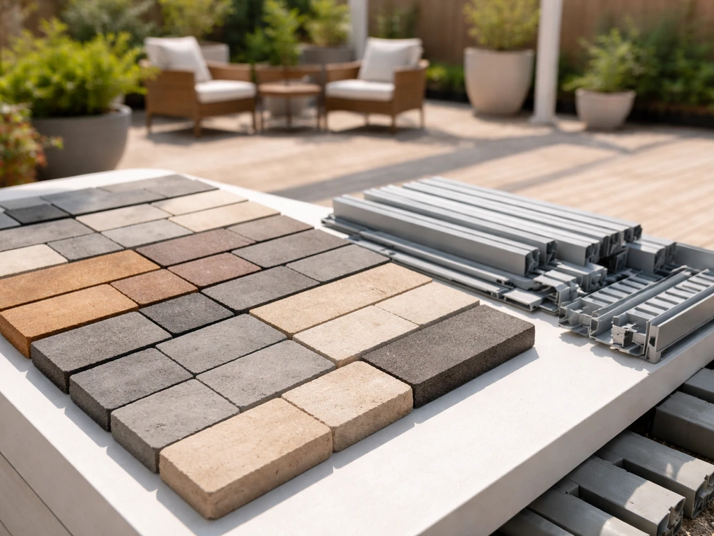 Bright showroom patio display with paver samples and a partially assembled patio cover kit.