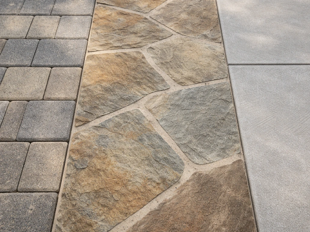 Close-up of pavers, flagstone, and concrete slab samples laid side-by-side to compare patio surfaces.