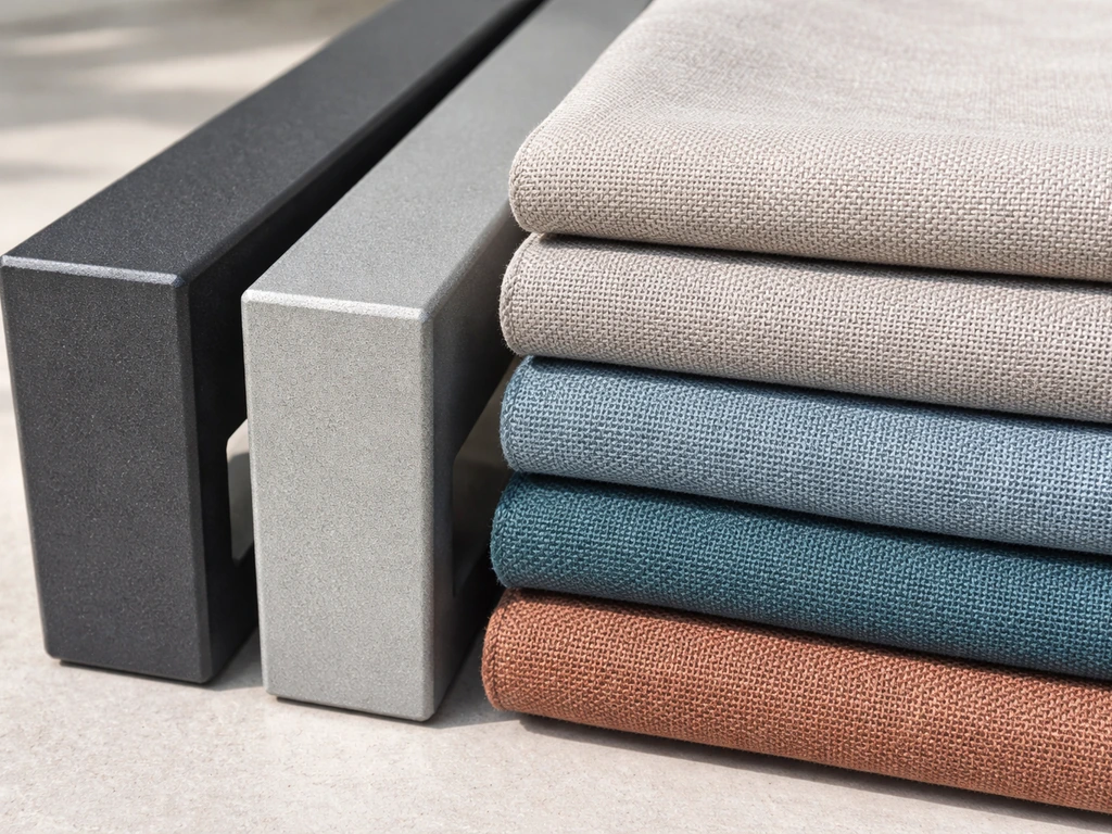 Close-up of powder-coated aluminum patio frames and solution-dyed cushion fabric laid out side by side.