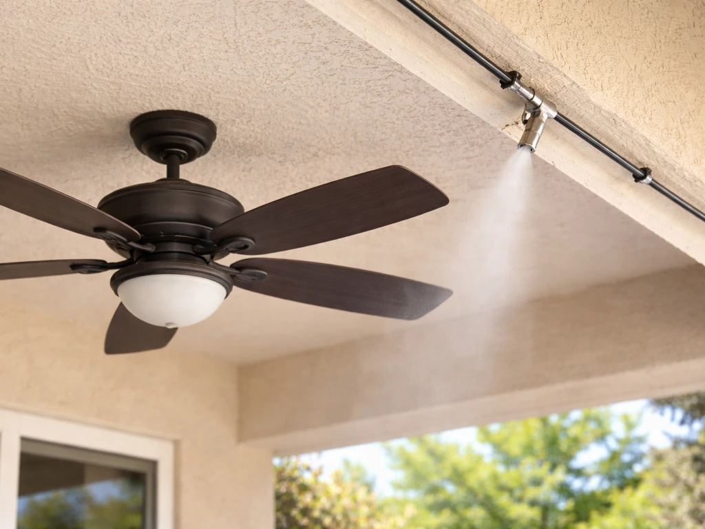 Outdoor-rated ceiling fan next to visible misting nozzle and tubing under a covered patio.