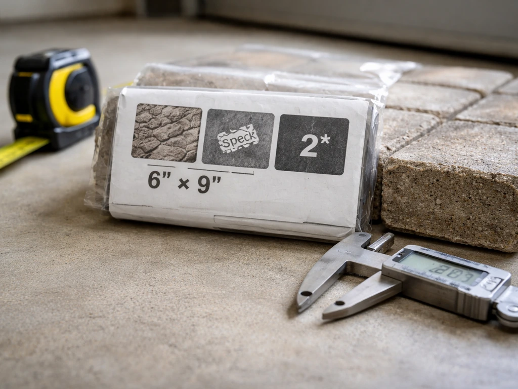 Close-up of a spec label beside tape measure and calipers on a paver sample for thickness and weather checks.