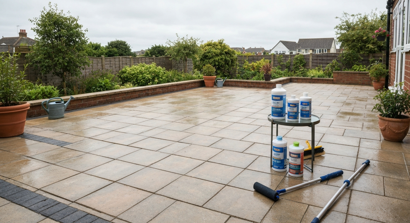 Freshly sealed UK patio showing subtle wet-look sheen, with generic sealant containers and application tools on a side table