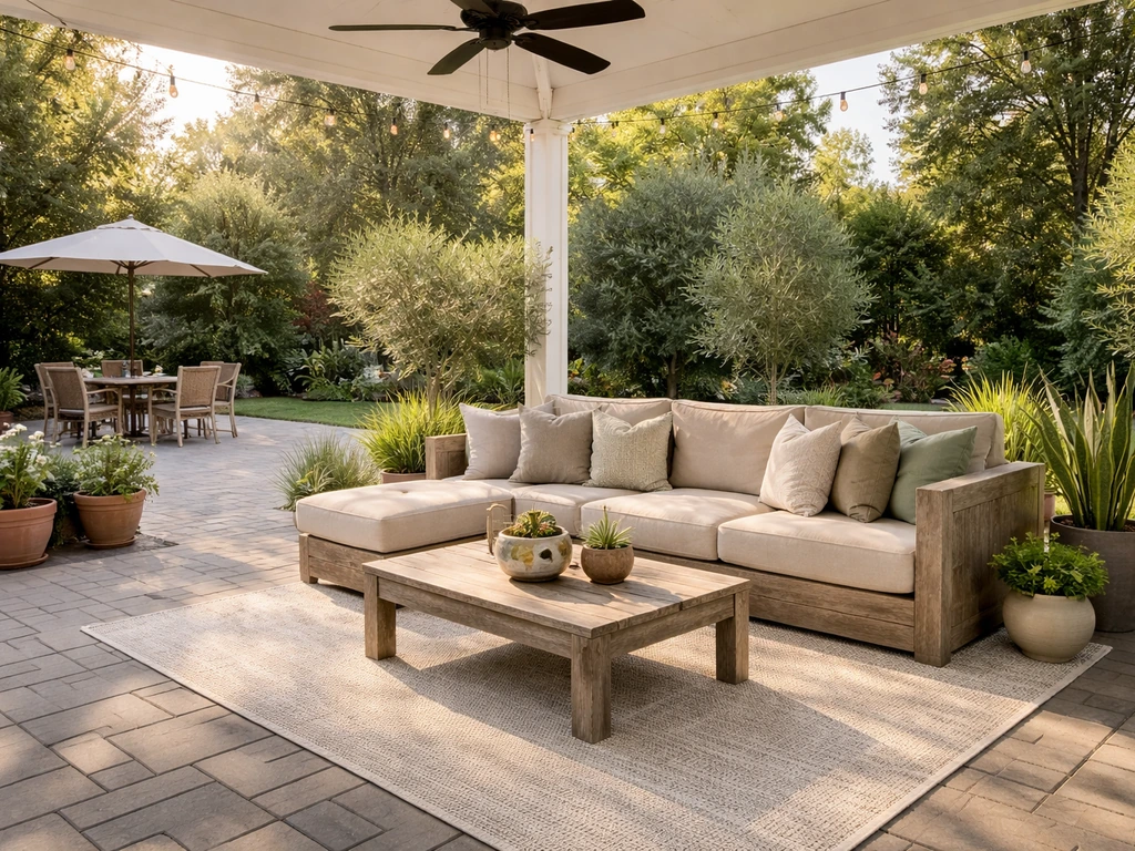 Bright, tidy spacious patio with comfy outdoor seating, rug, coffee table, and neatly placed potted plants.