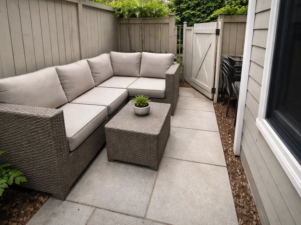 Cramped patio with furniture blocking a narrow walkway and tight clearance for traffic flow.