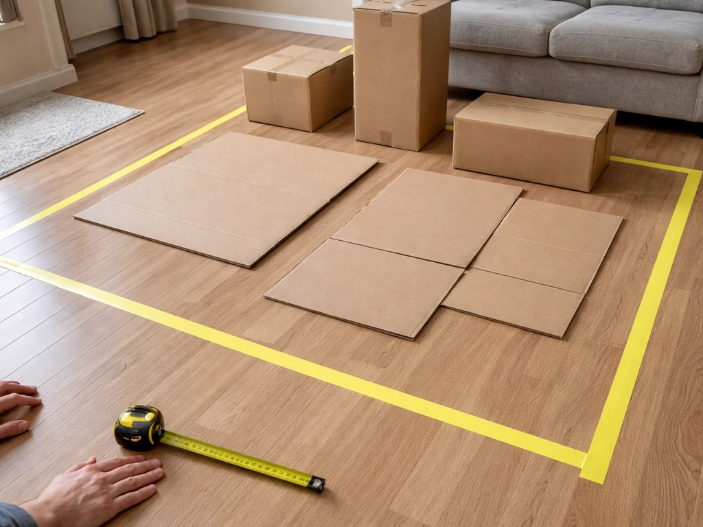 Masking-tape rectangle on a living room floor with staged cardboard furniture boxes and a tape measure for a patio layou