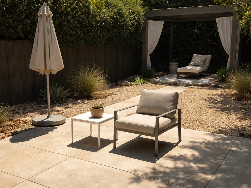 Sun-baked patio seating in harsh afternoon light beside a shaded, comfortable lounge area.