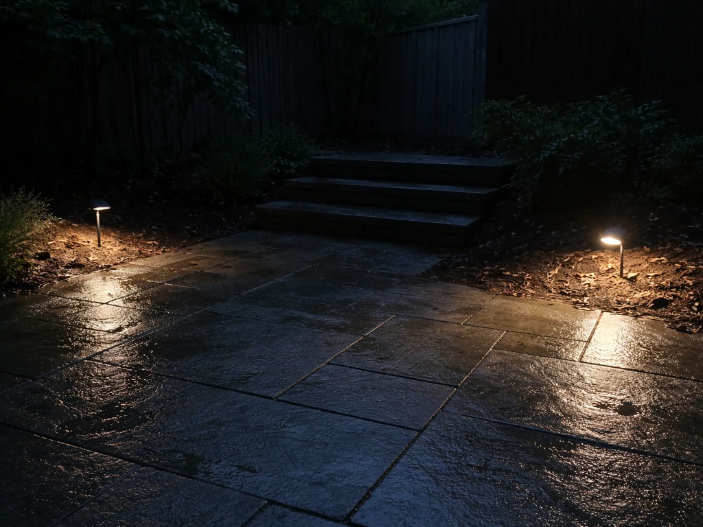 Outdoor patio at dusk with poorly placed dim lights creating dark steps and unsafe shadows