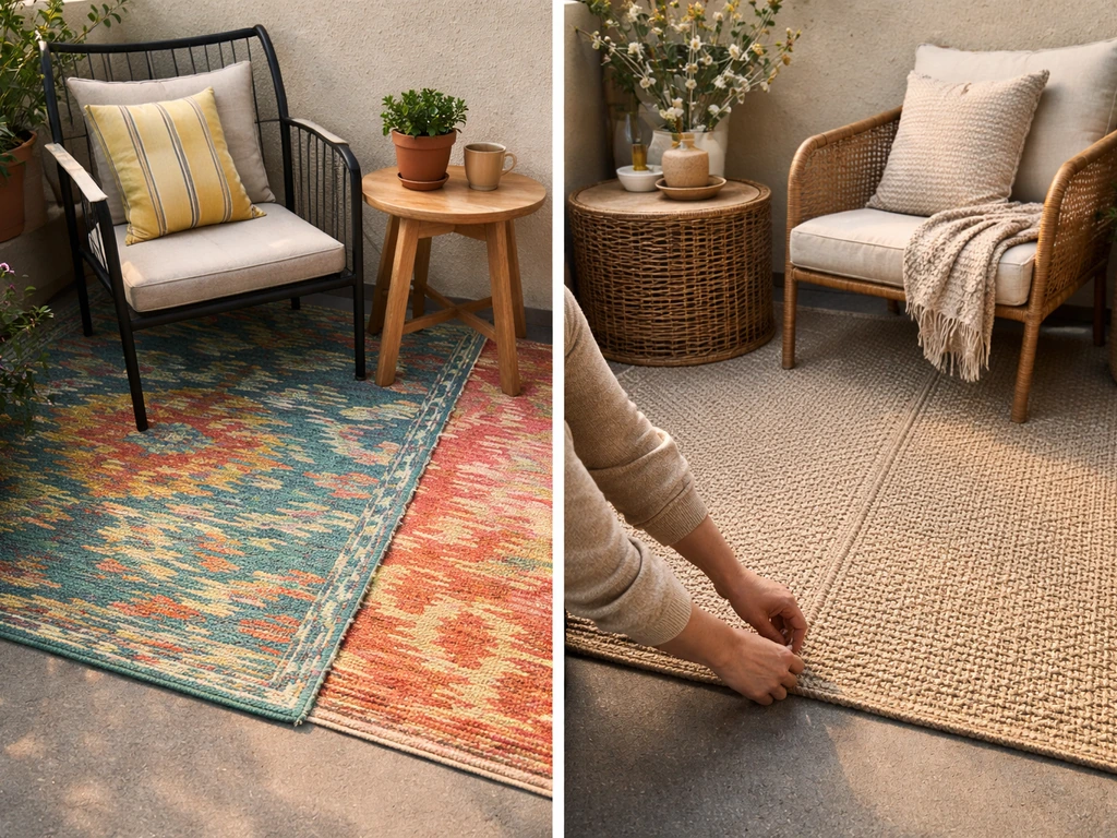 Outdoor patio showing mismatched rug and materials beside a cohesive styled setup.