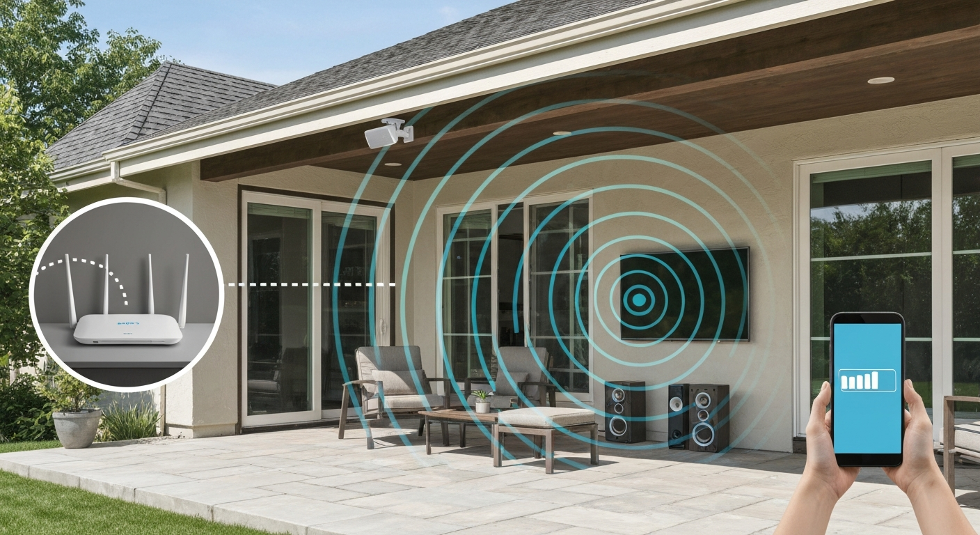 Patio scene with outdoor Wi‑Fi extender on the eave, signal waves reaching a TV, speakers, and a smartphone.