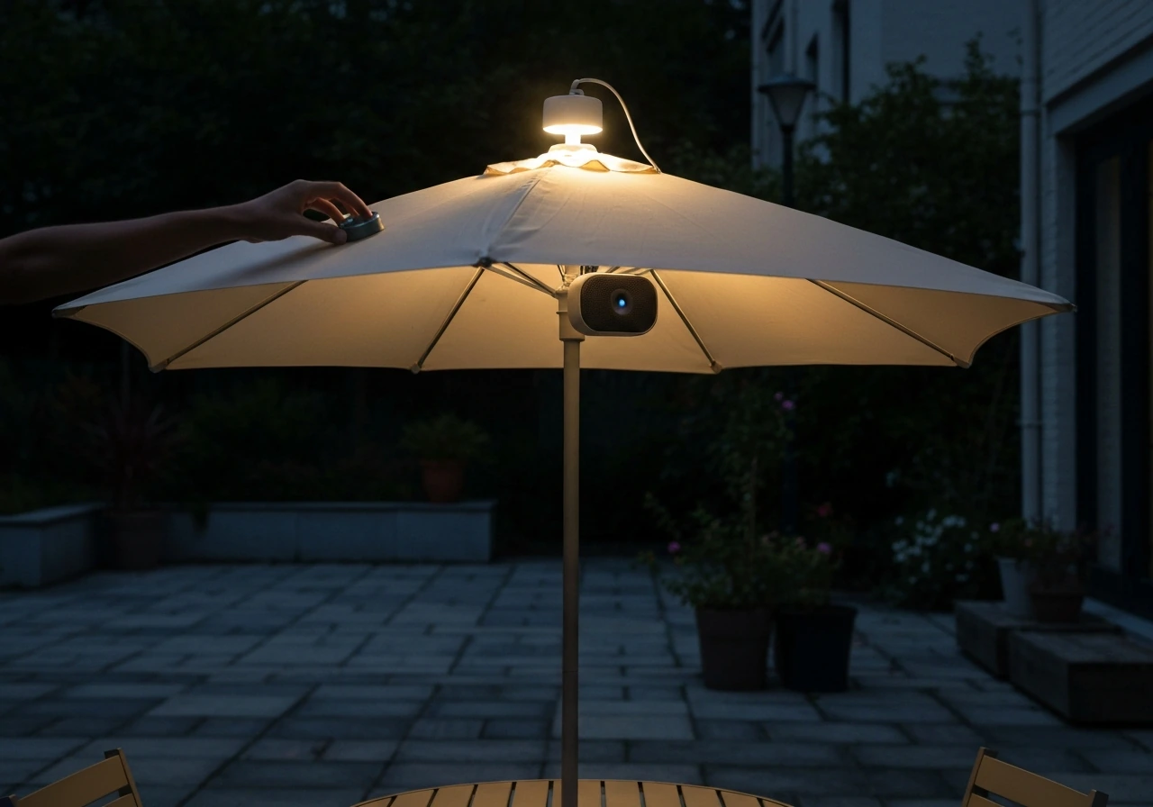 Warm light from an umbrella-top device glowing on an evening patio during outdoor seating