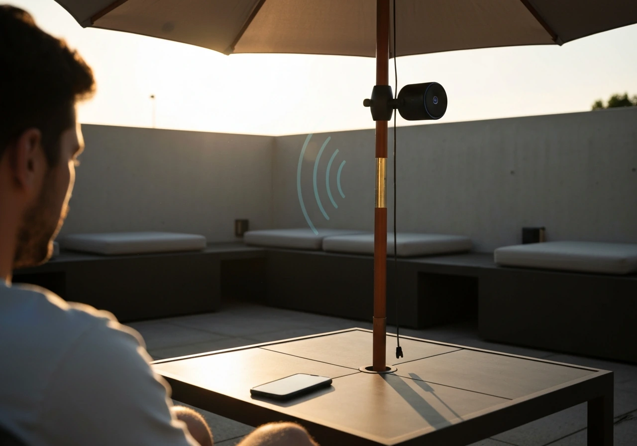 Patio umbrella with an attached audio unit showing sound reach across distant seating areas.