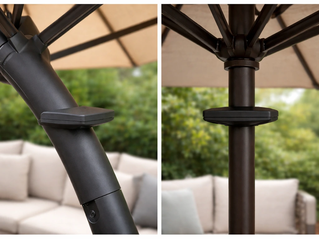 Compact device mounted unobtrusively on an outdoor umbrella pole in a minimal patio setting.